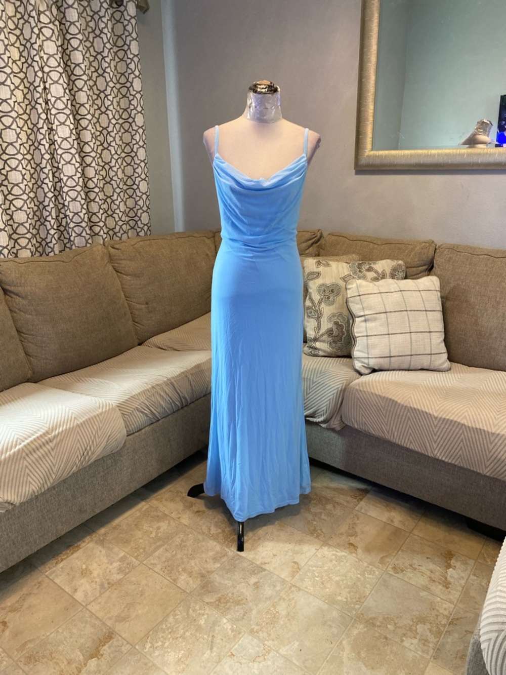 New Women XXL sky blue maxi w/ draped cowl neck and adjustable spaghetti straps.